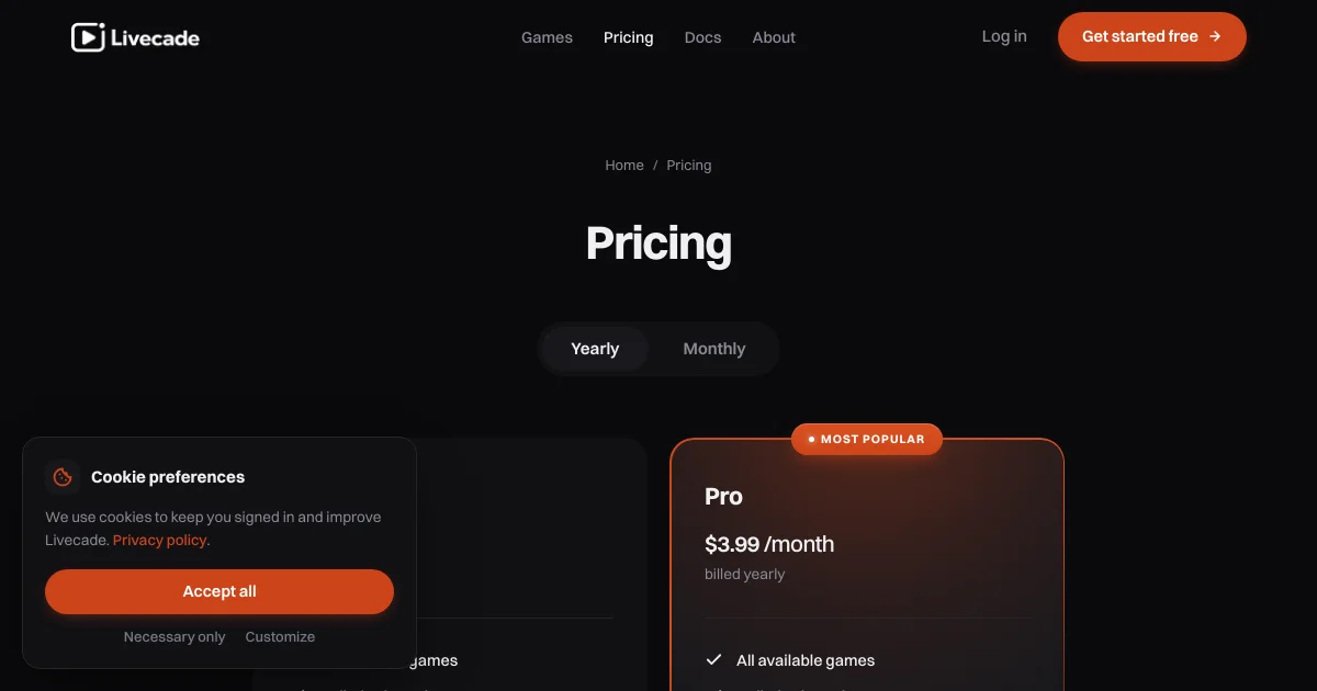 Livecade pricing page