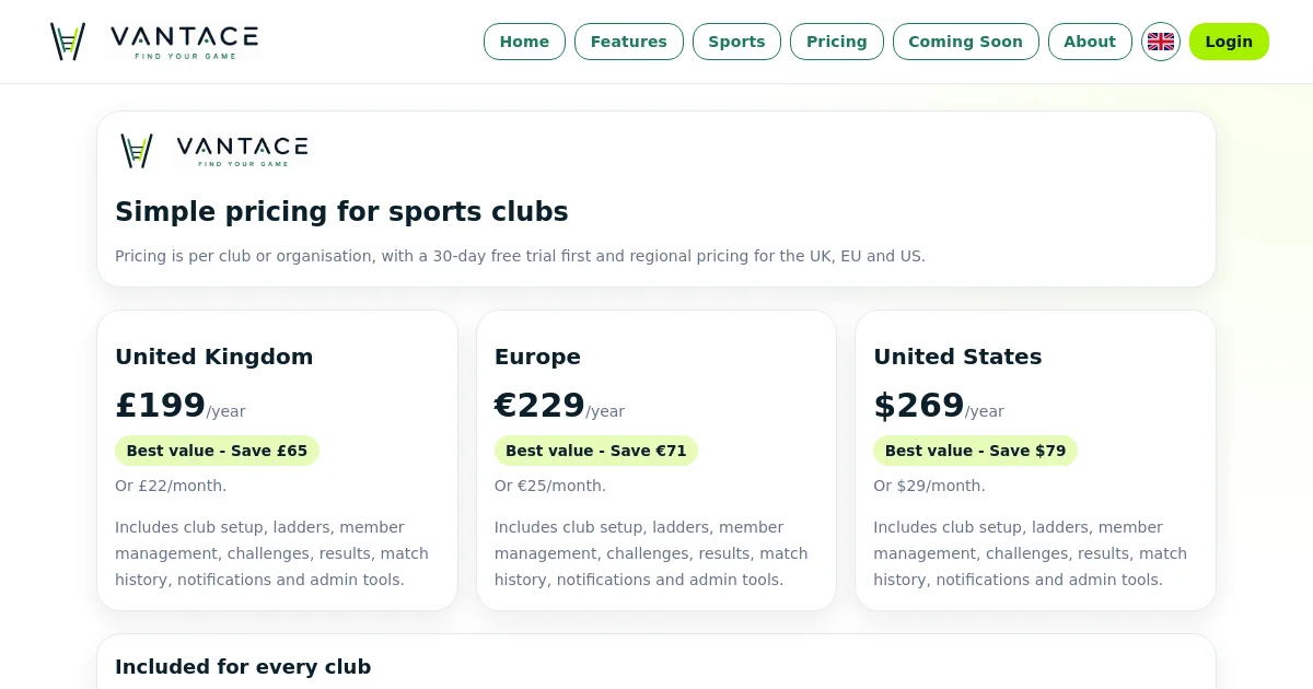 Vantace pricing page