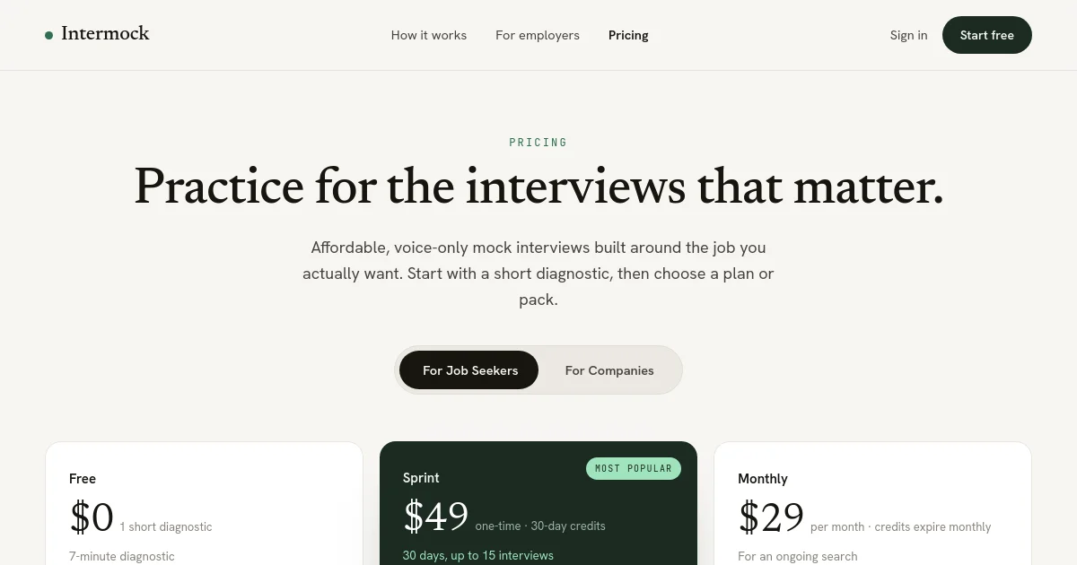 Intermock pricing page
