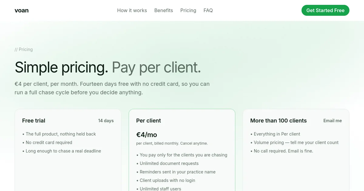 Voan pricing page