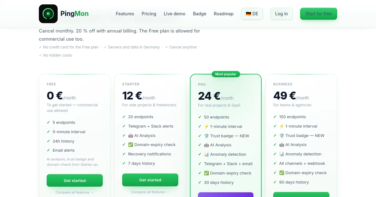 Pingmon pricing page