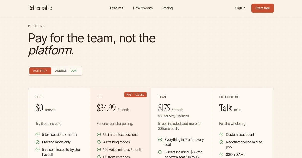 Rehearsable pricing page