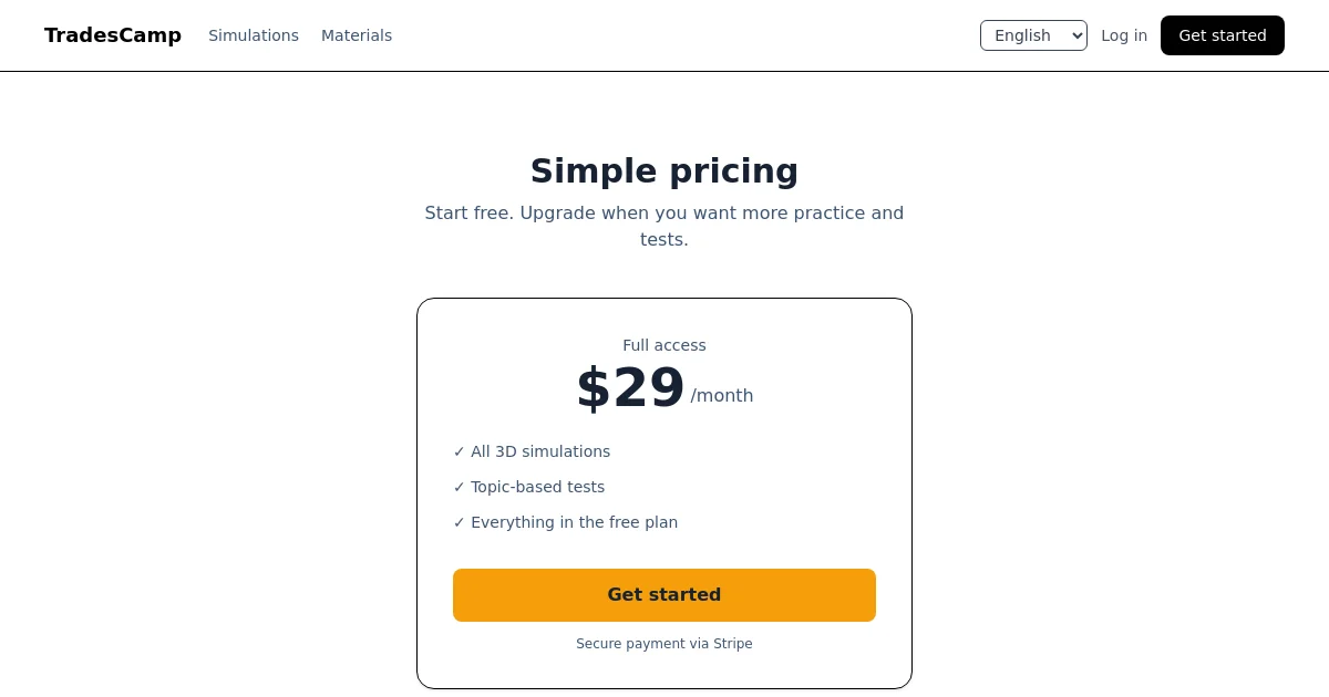 Tradescamp pricing page