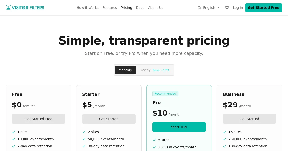 Visitor Filters pricing page