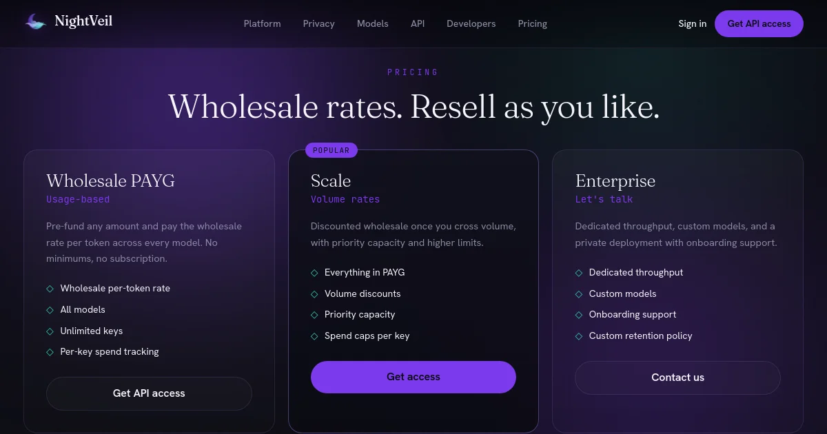 Nightveil pricing page