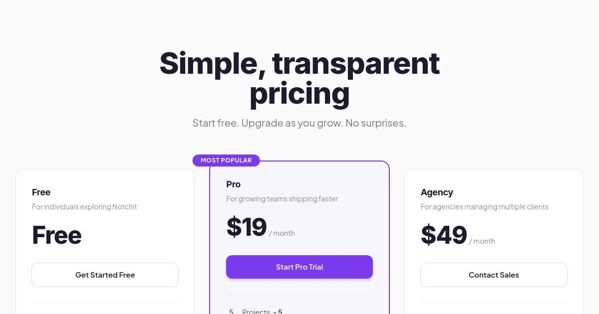 Notchit pricing page