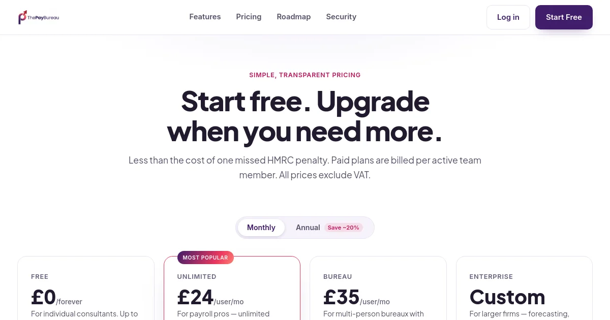 ThePayBureau pricing page