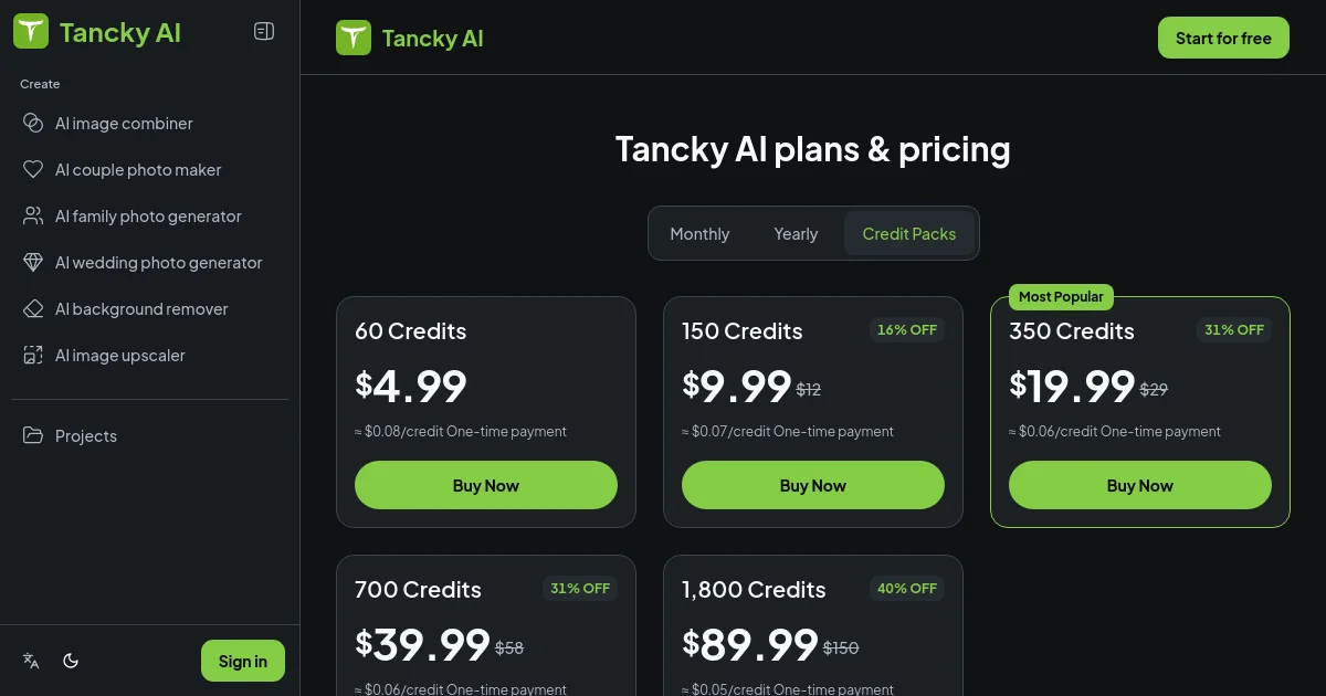 Tancky AI pricing page