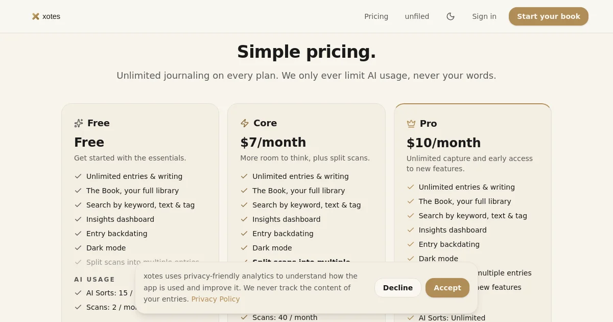 Xotes pricing page