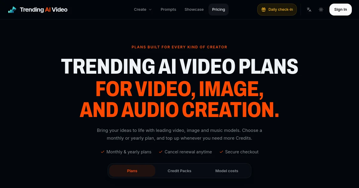 Trending AI Video pricing page