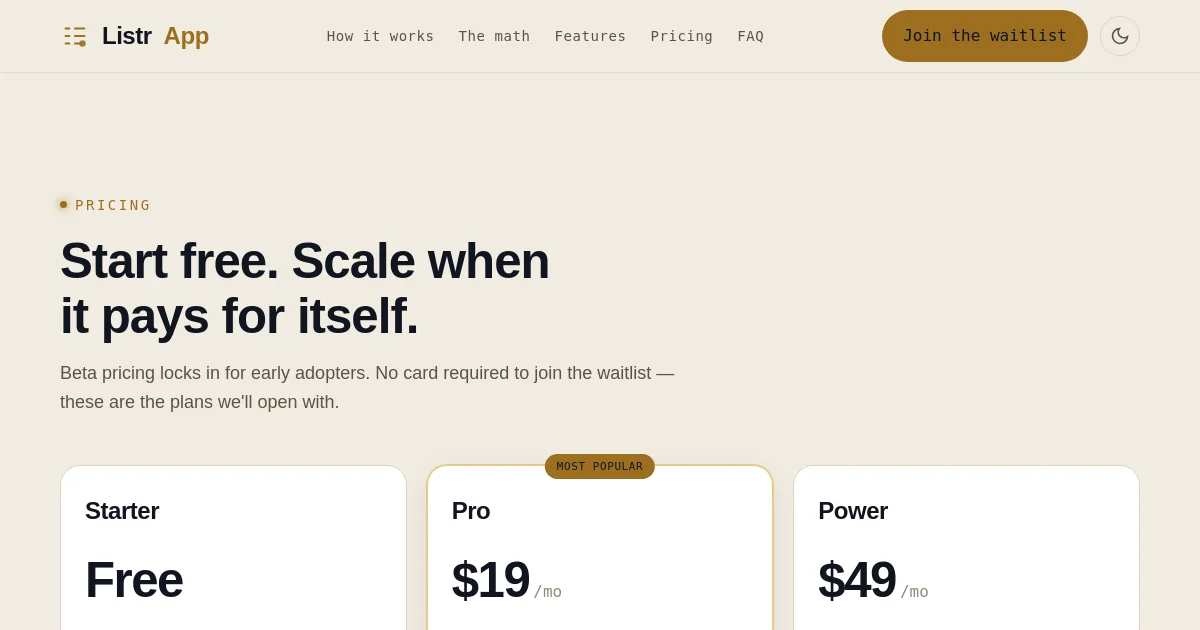 Listrapp pricing page