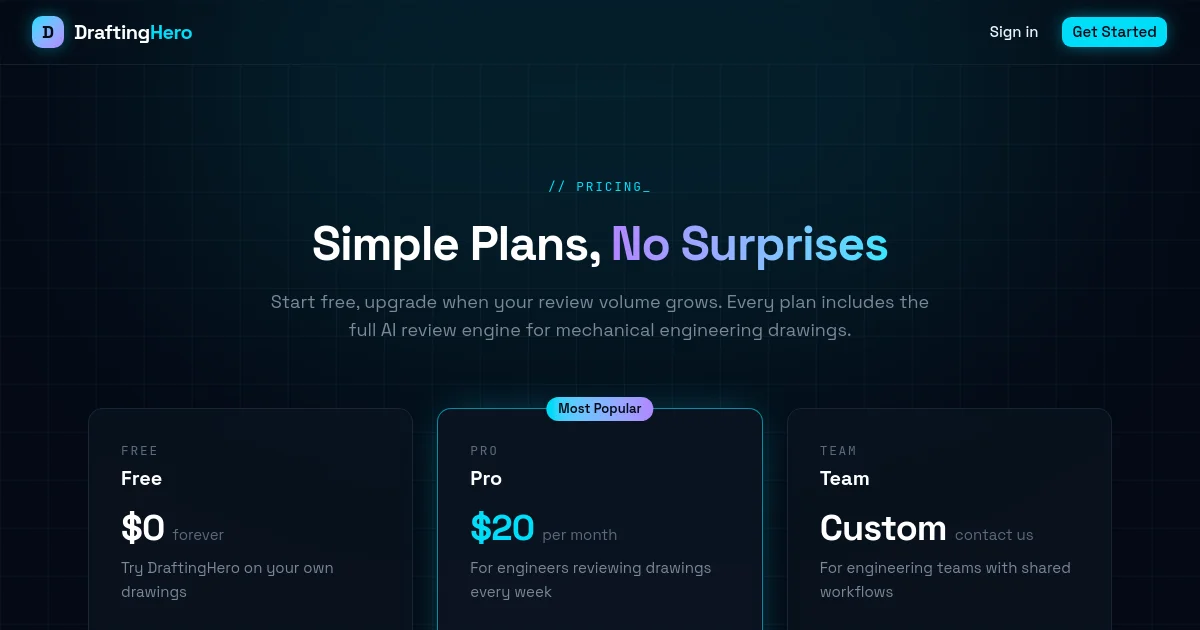 Draftinghero pricing page