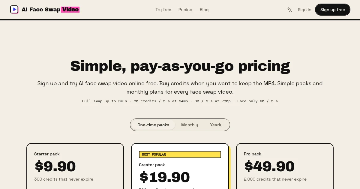 AI Face Swap Video pricing page