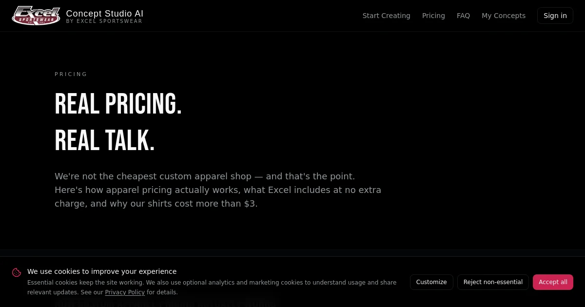 Excelconceptstudio pricing page