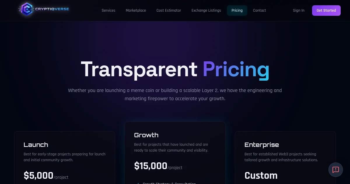 Cryptiqverse pricing page