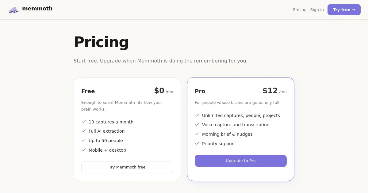 Memmoth pricing page