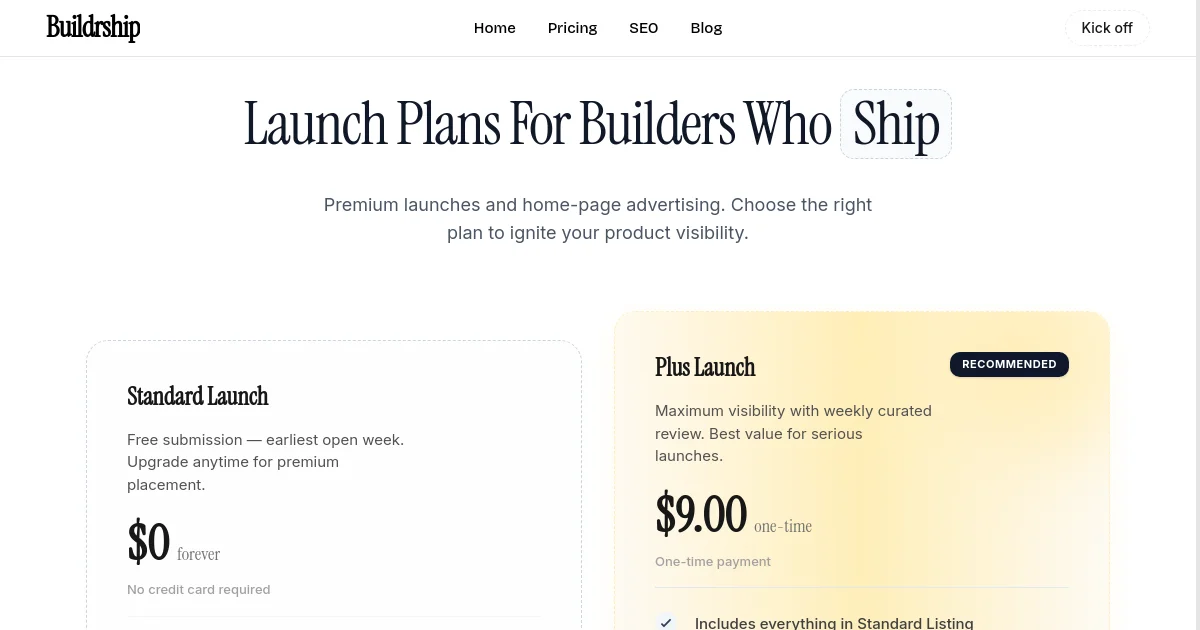 Buildrship pricing page