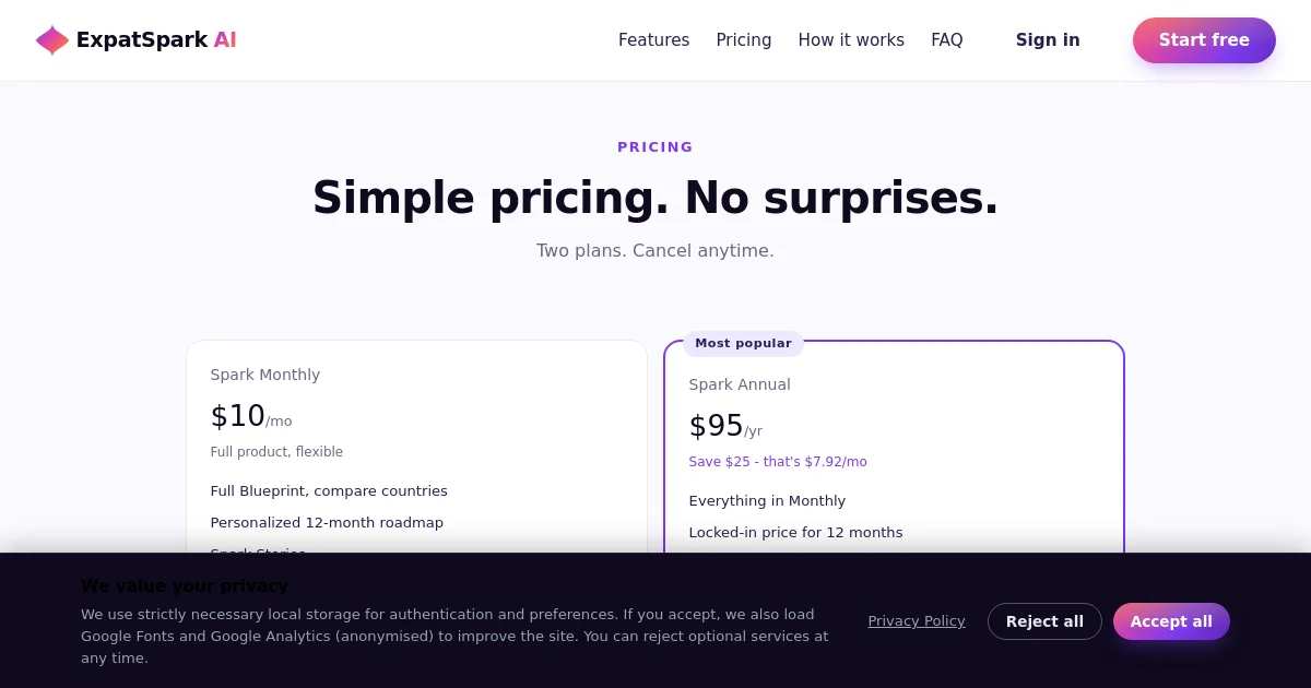 Expatspark pricing page