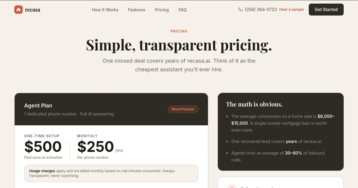Recasa pricing page