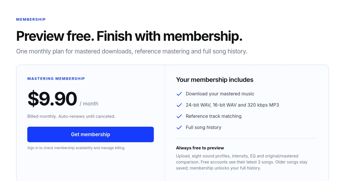 AI Music Mastering pricing page