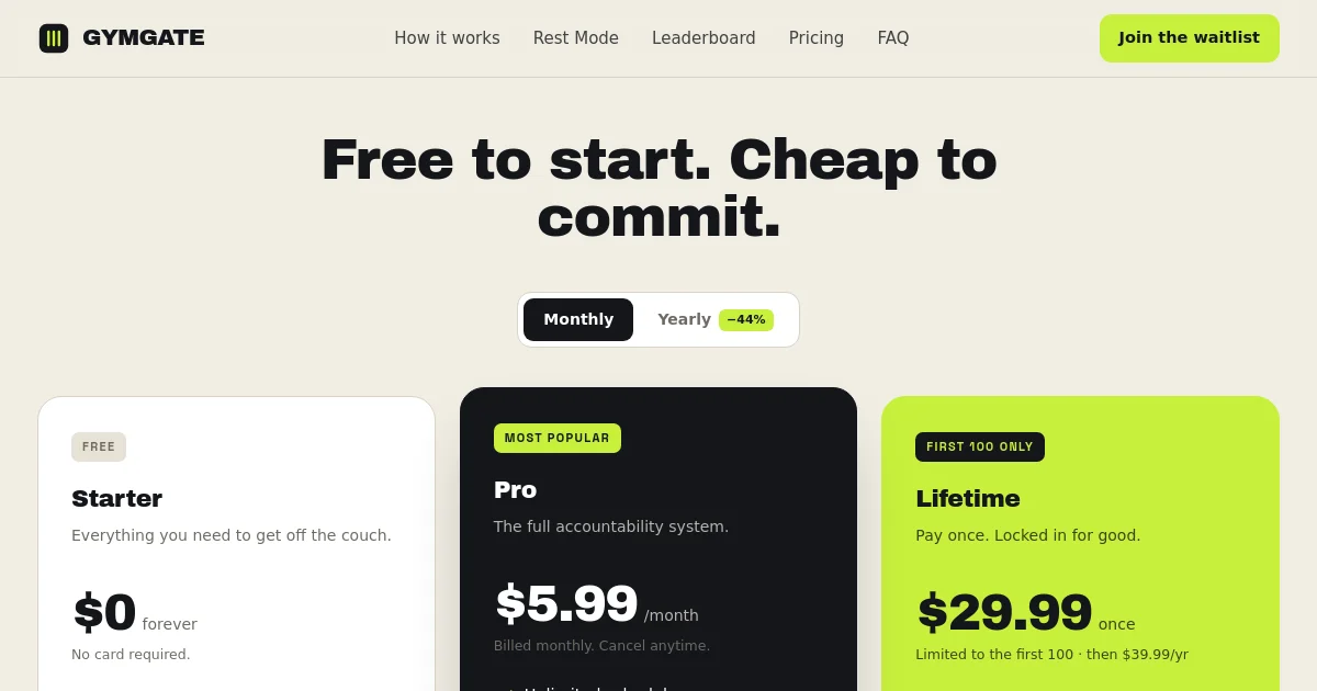 Gymgate pricing page