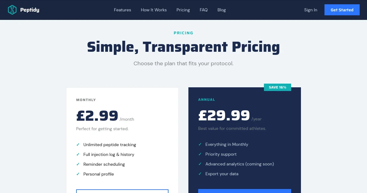 Peptidy pricing page