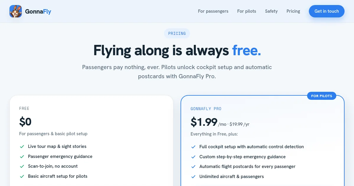 Gonnafly pricing page