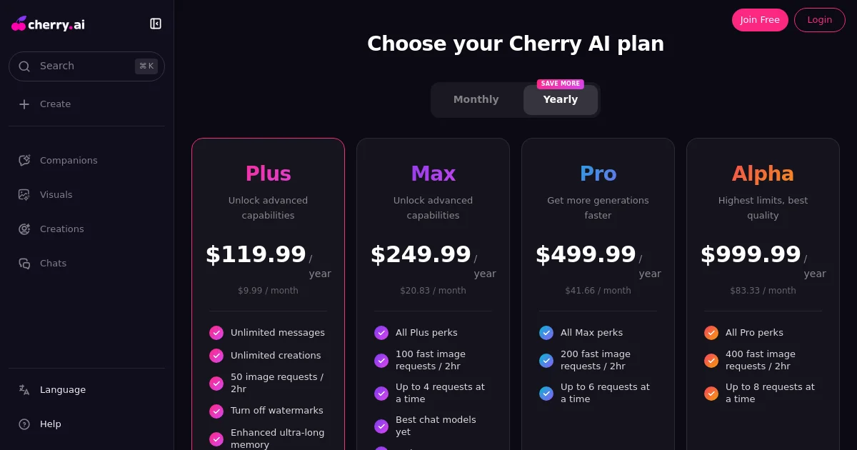 Cherry AI pricing page