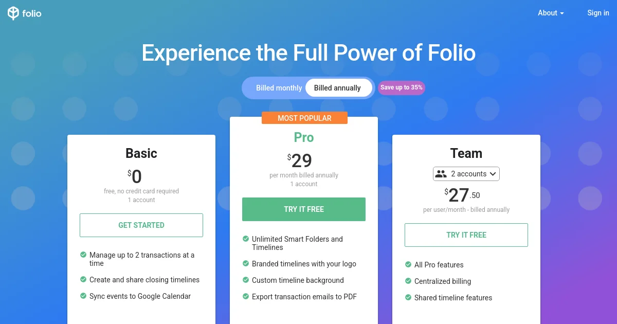 Folio pricing page