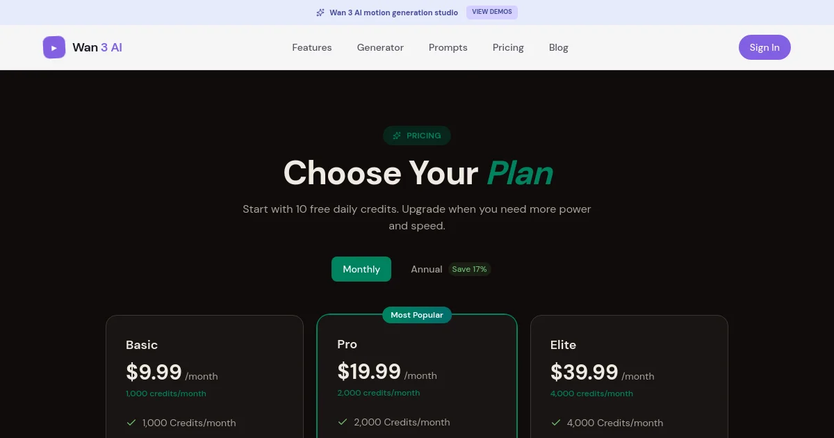 Wan 3 AI pricing page