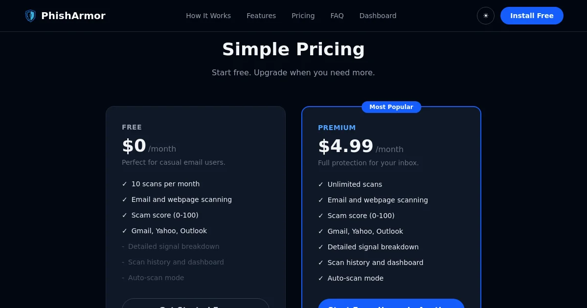 Phisharmor pricing page