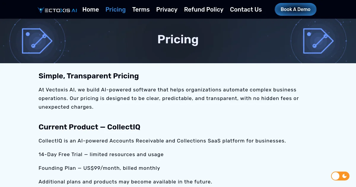 Vectoxis pricing page