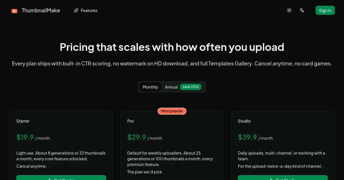 ThumbnailMake pricing page