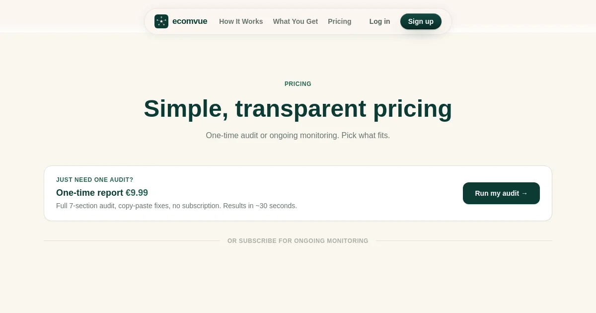 Ecomvue pricing page