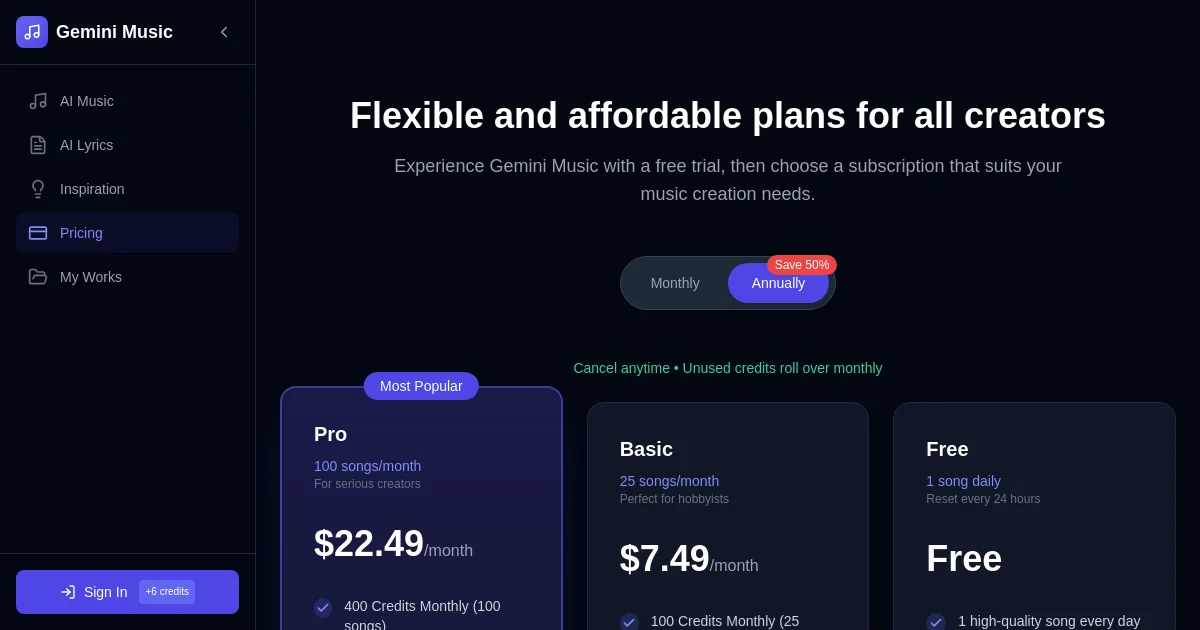 Gemini Music pricing page