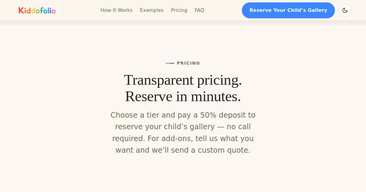 Kiddofolio pricing page
