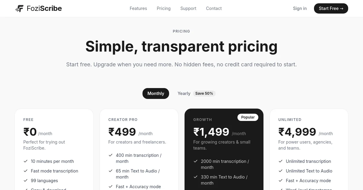 Foziscribe pricing page