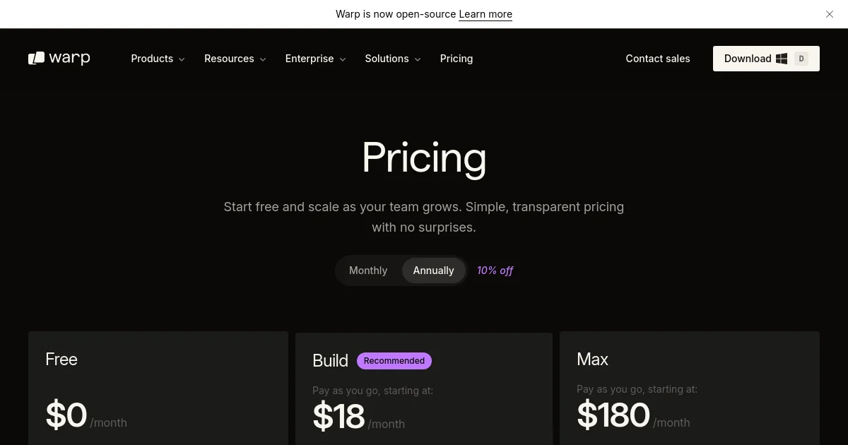Warp pricing page