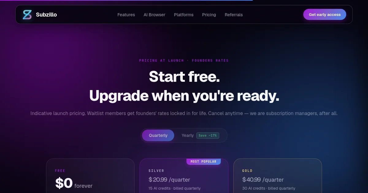 Subzillo pricing page