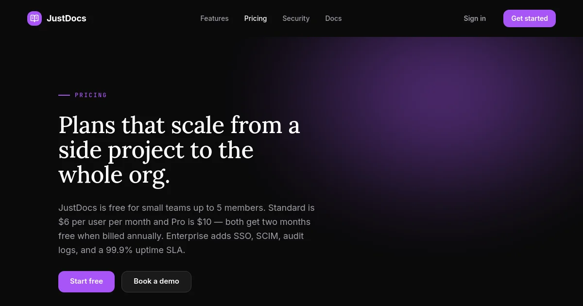 Justdocs pricing page