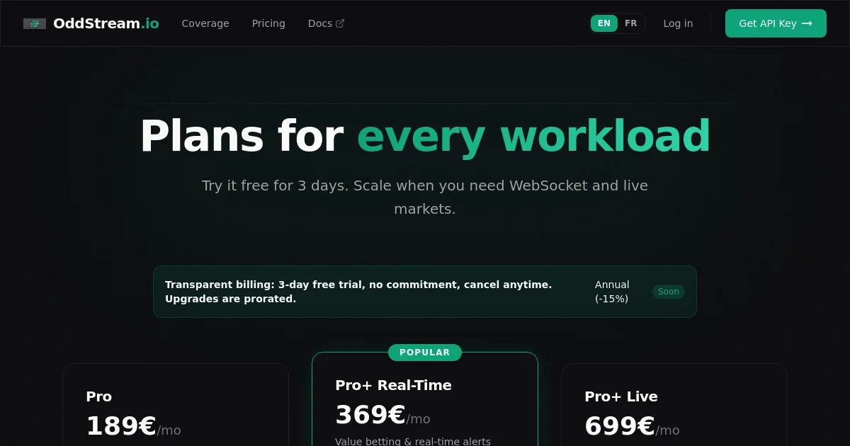 Oddstream pricing page