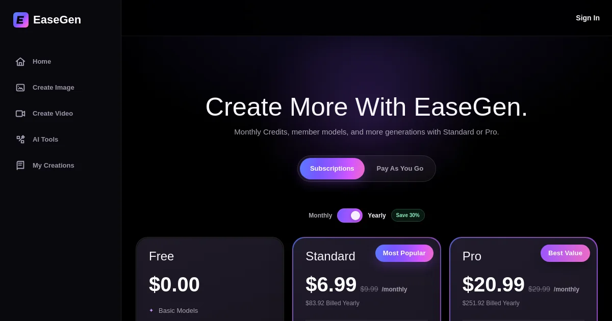 EaseGen pricing page