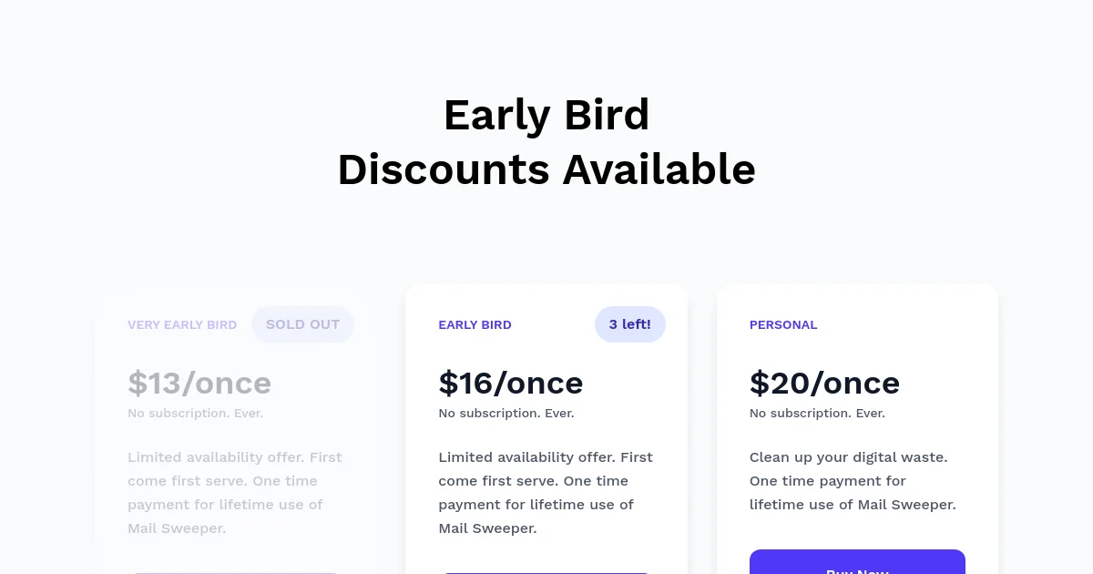 Mail Sweeper pricing page