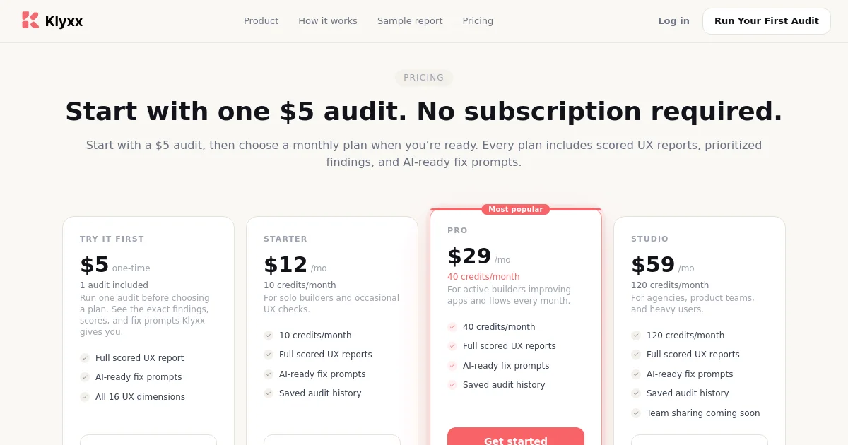 Klyxx pricing page