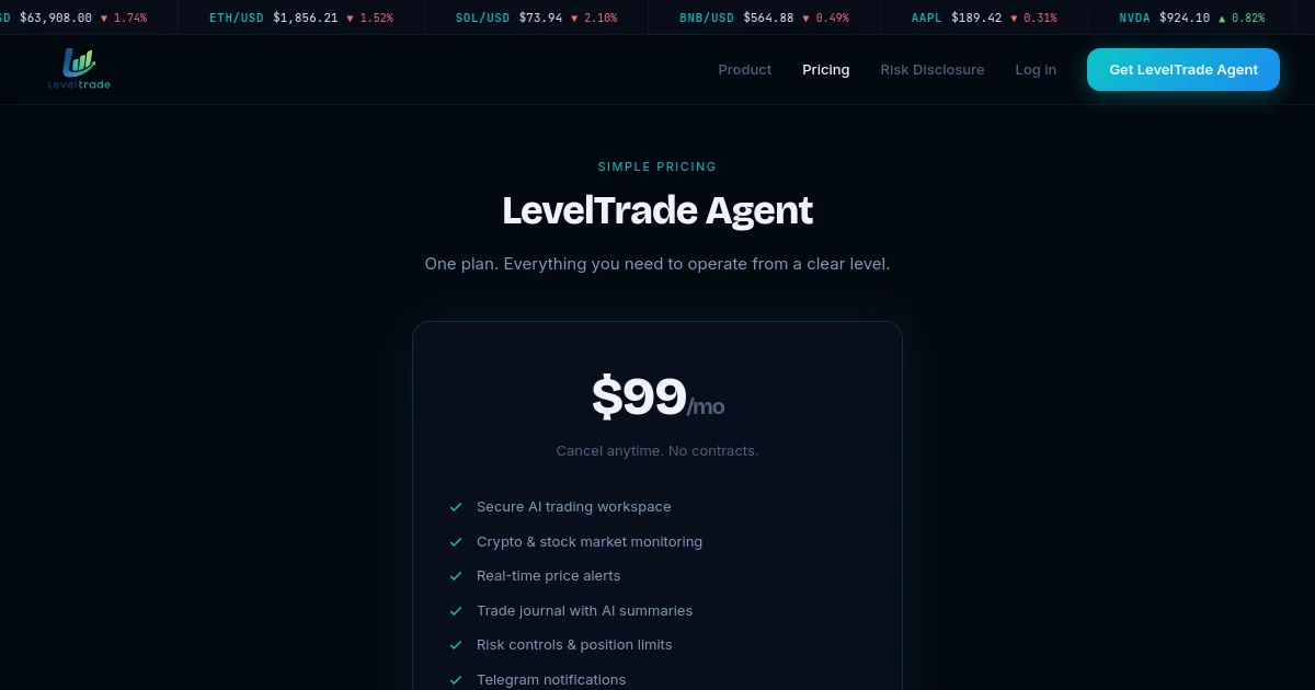 Leveltrade pricing page