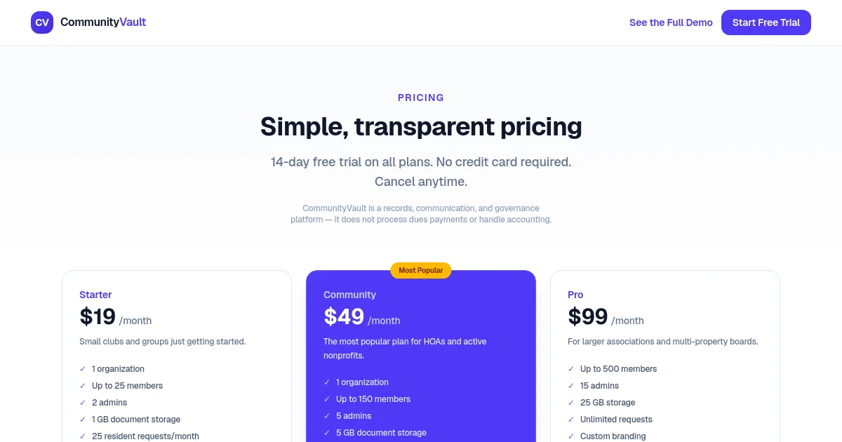 Communityvault pricing page
