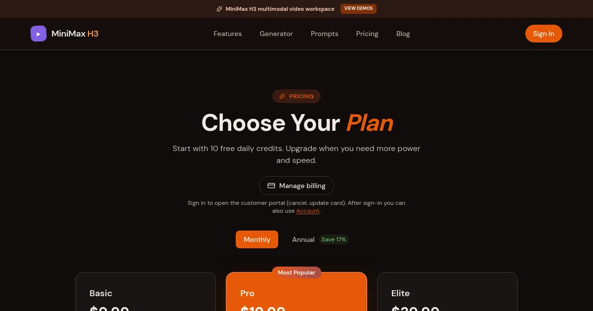 MiniMax H3 AI pricing page