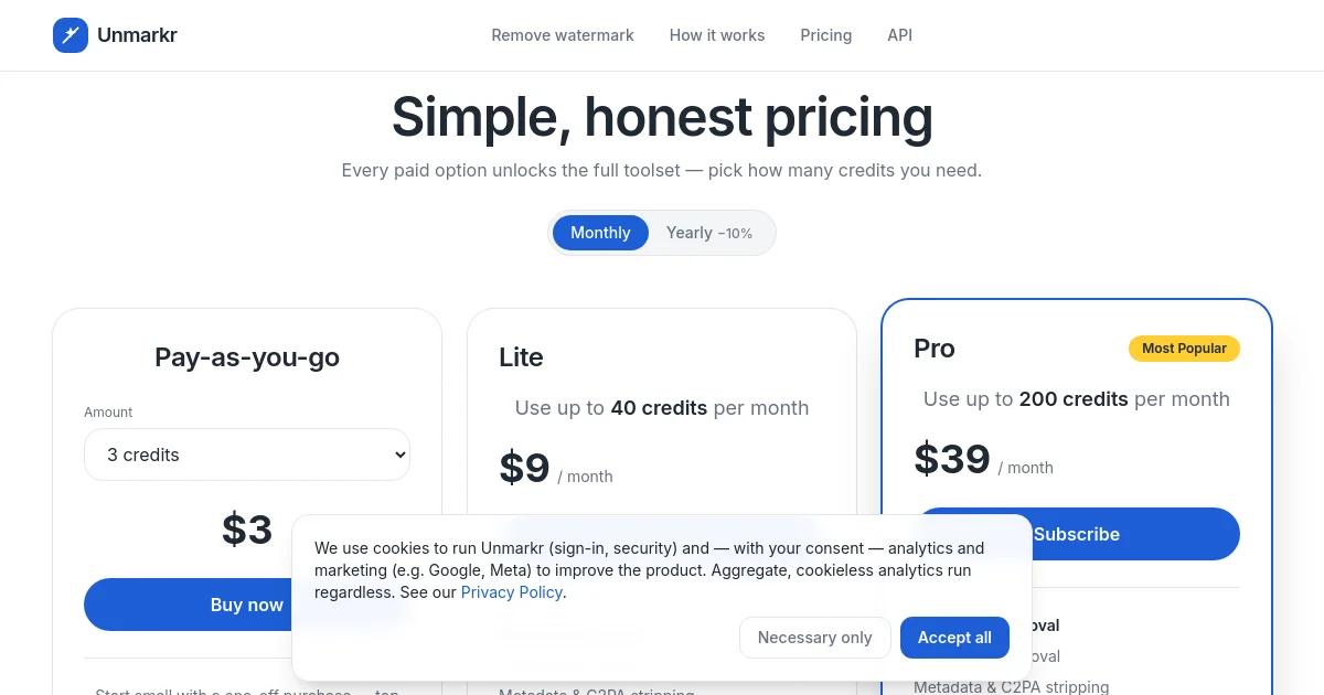 Unmarkr pricing page