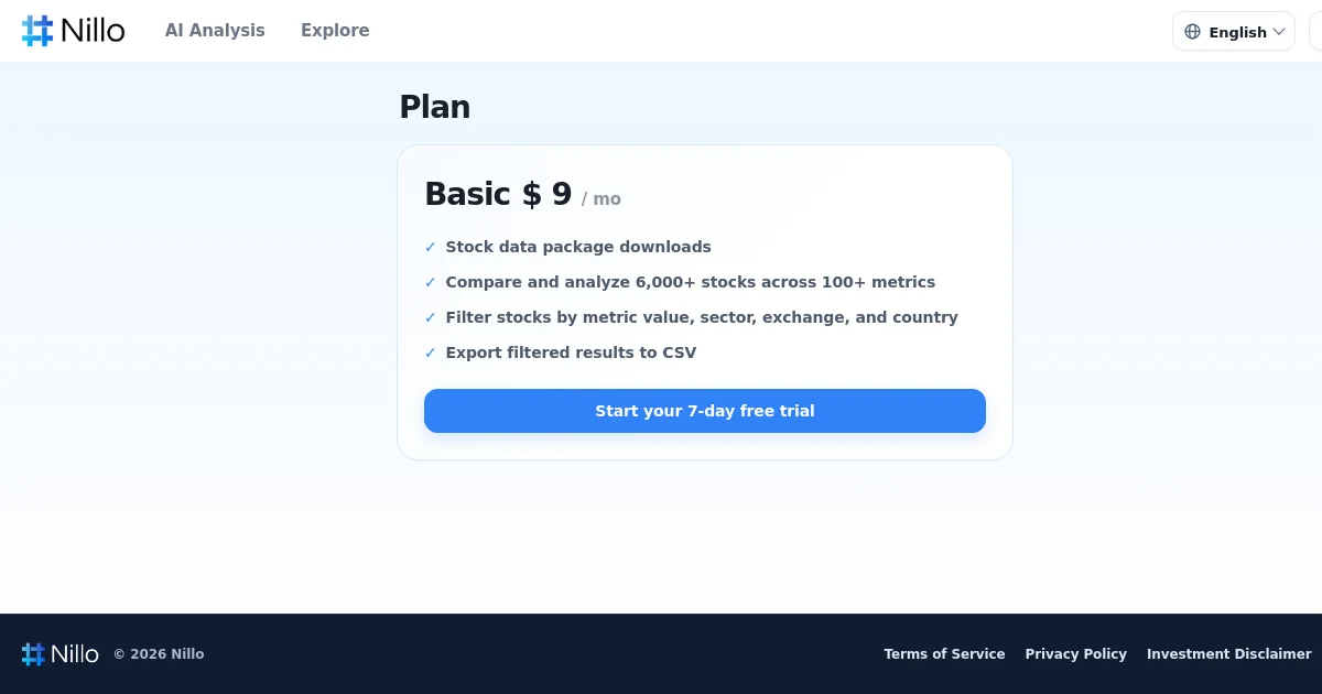 Nillo pricing page