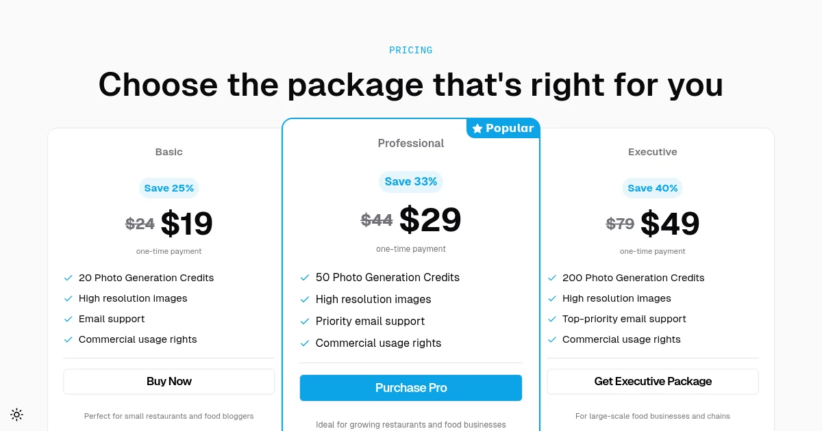 FoodPics.ai pricing page